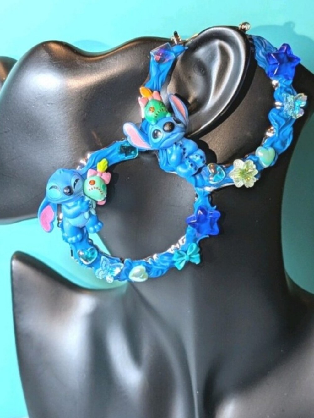 Hand Crafted Blue Character Hoop Earrings with Floral Accents For Kids & Adults
